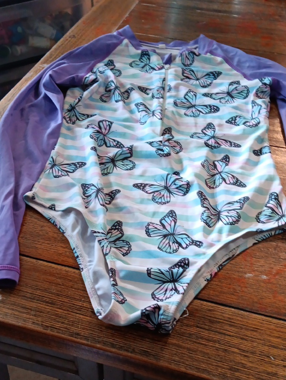 Long Sleeve Girls Swimsuit with Butterfly Print - Purple Sleeves